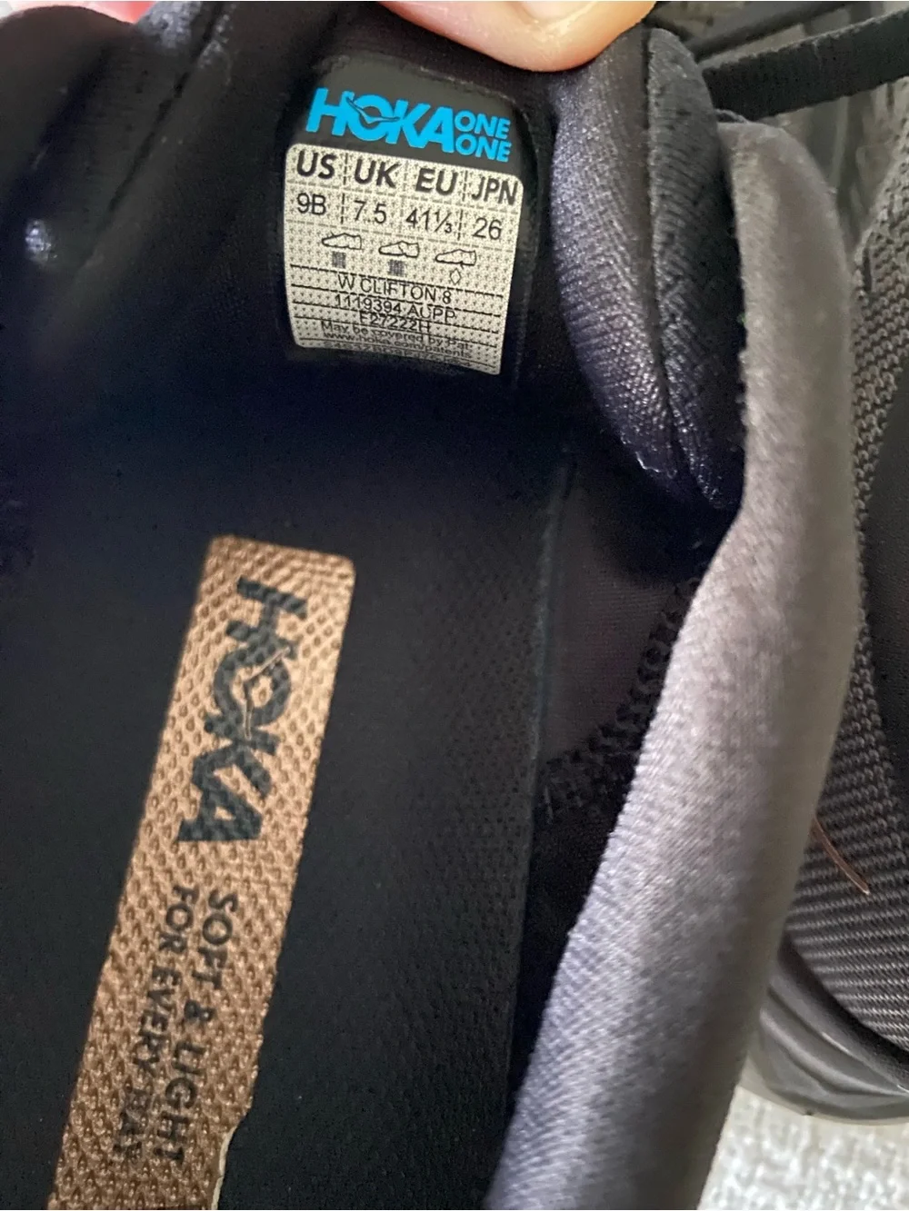 Hoka Clifton 8 Black and Grey Sneakers with Copper Accent Size 9B
